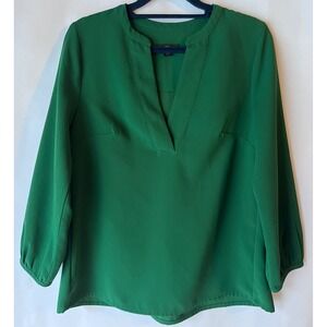 J Crew Green V Neck Long Sleeve Pleated Blouse Shirt Top XXS